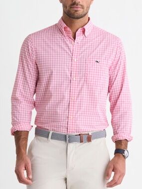 Vineyard Vines Men's Pink 
 Gingham Button-Down Shirt - Classic Casual L